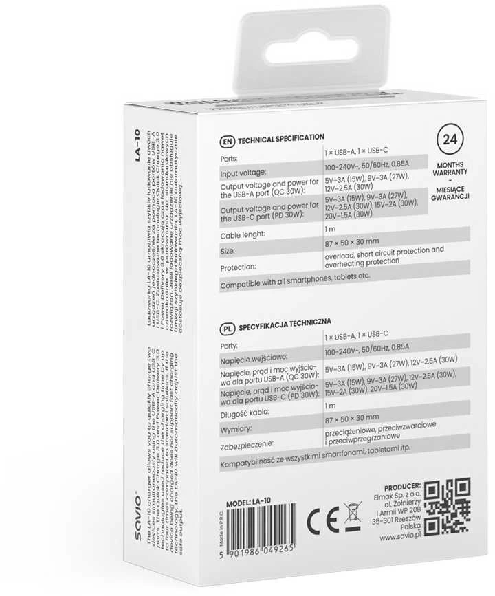 Savio Įkroviklis jungiama į tinklą LA-10 30W Quick Charge Power Delivery 3.0 Balta + Kabelis