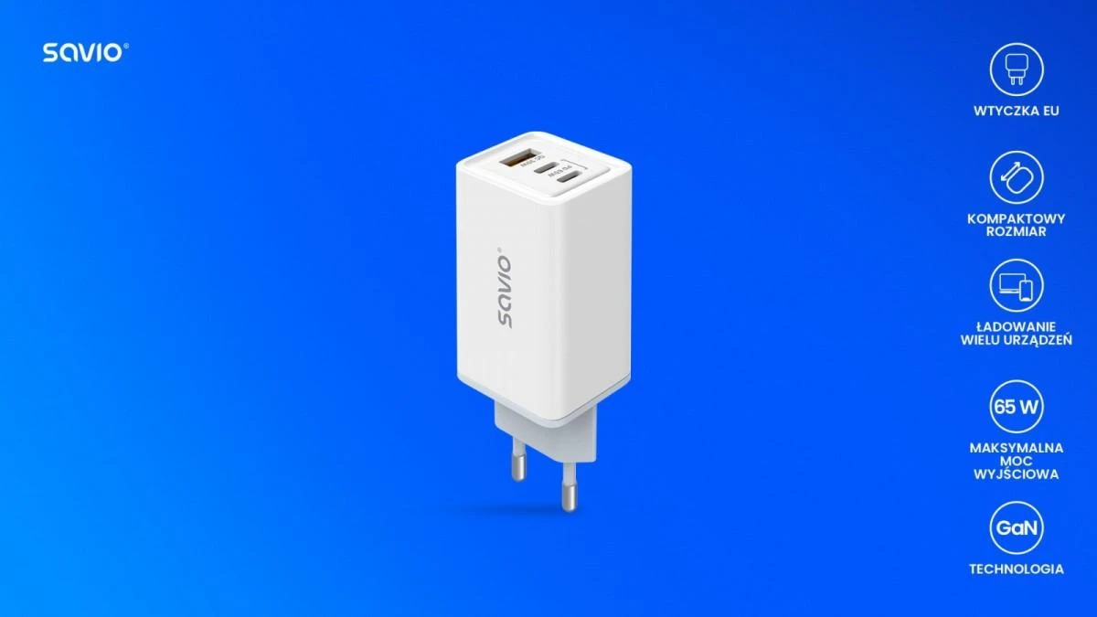 Sieninis Įkroviklis - Savio La-07 65W, USB, QC4.0+, PD 3.0, Baltas