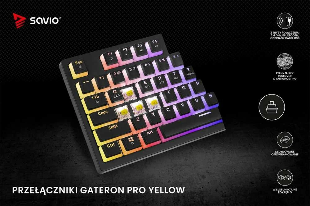 Belaidė mechaninė klaviatūra - SAVIO PHENIX Gateron Geltona Pro Pudding