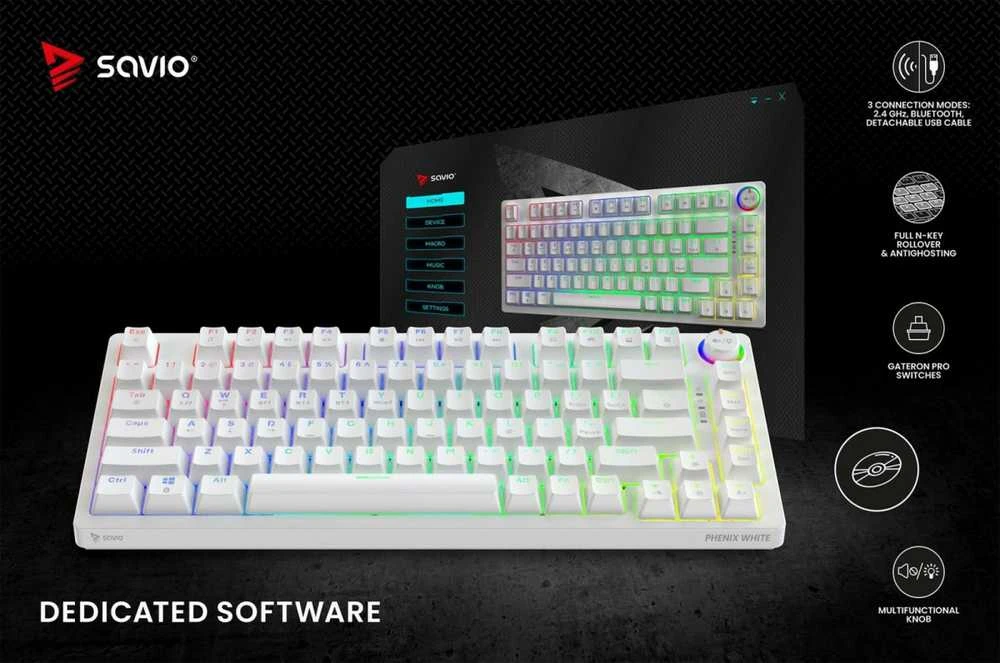 SAVIO PHENIX Baltas Belaidė mechaninė klaviatūra, Gateron Raudona Pro, ABS
