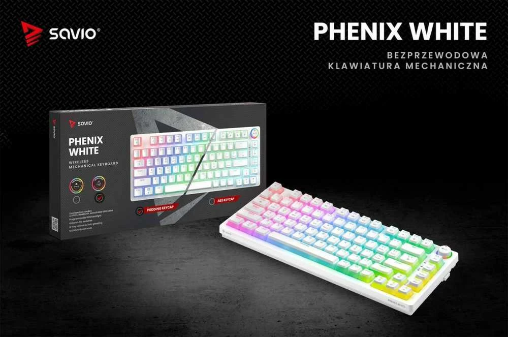 Savio Klaviatūra mechaninė belaidė PHENIX Baltas Gateron Raudona Pro, Pudding