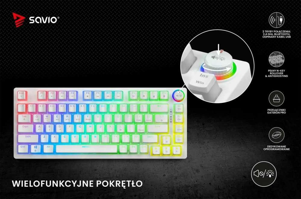 Savio Klaviatūra mechaninė belaidė PHENIX Baltas Gateron Raudona Pro, Pudding
