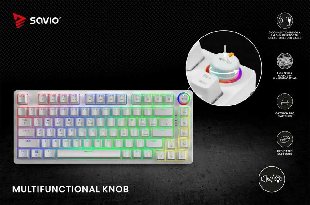 SAVIO PHENIX Baltas Belaidė mechaninė klaviatūra, Gateron Raudona Pro, ABS