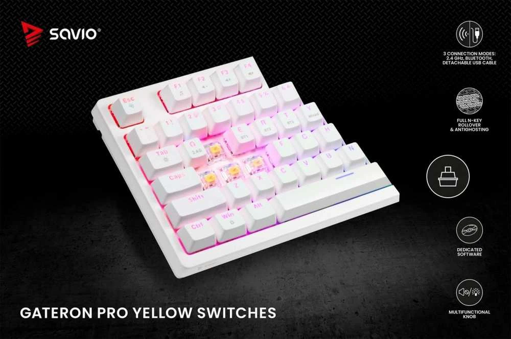 SAVIO PHENIX Baltas Belaidė mechaninė klaviatūra, Gateron Raudona Pro, ABS