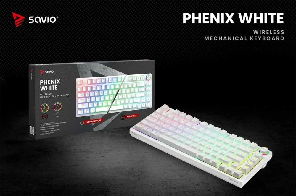 SAVIO PHENIX Baltas Belaidė mechaninė klaviatūra, Gateron Raudona Pro, ABS
