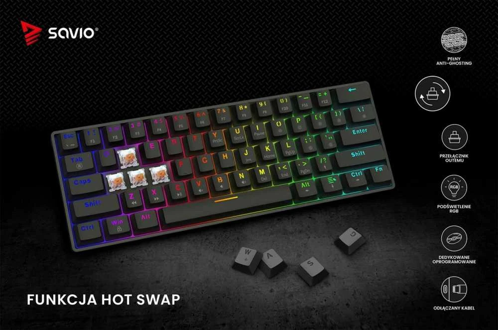 SAVIO BLACKOUT X2 mechaninė klaviatūra OUTEMU Peach tyli, karšto keitimo
