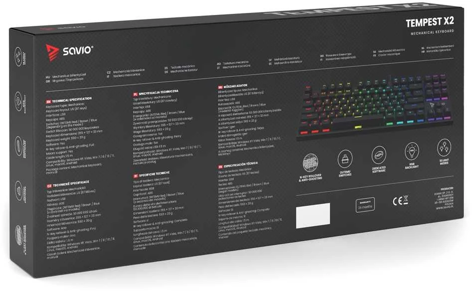 Klaviatūra žaidimams Savio Tempest X2 Outemu Brown su laidu mechaninė su pašvietimu juoda