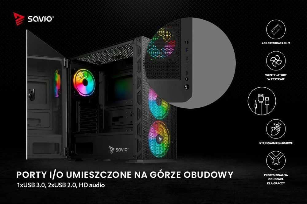 Kompiuterio korpusas Savio Raptor X1, Tempered Glass, ARGB, Black