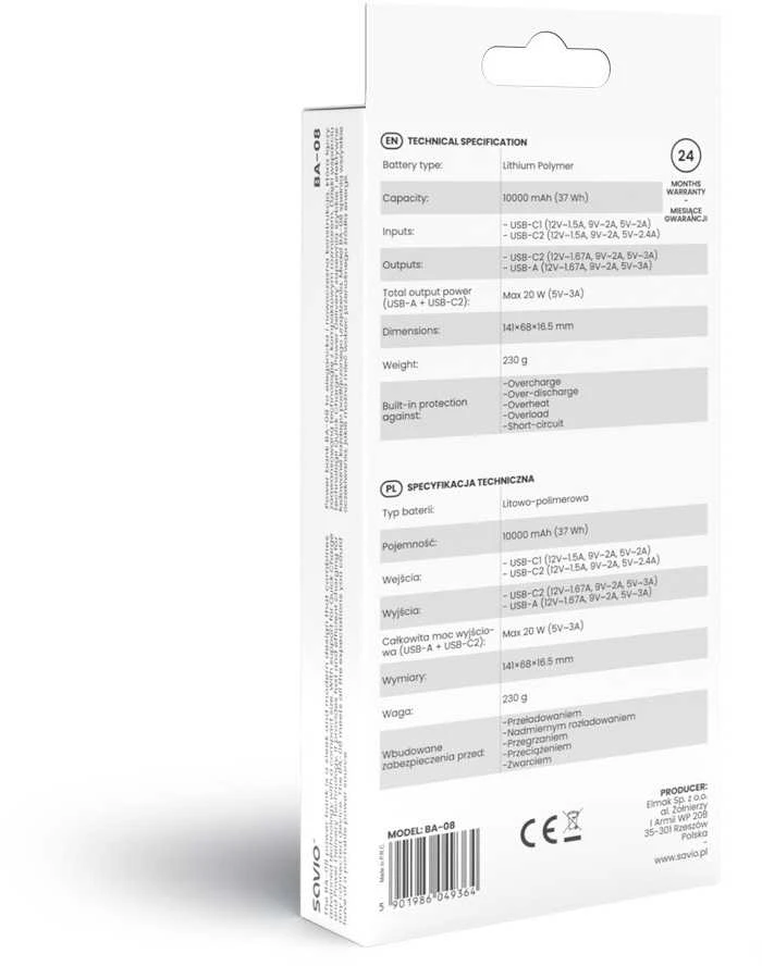 Savio BA-08 10000 mAh juoda