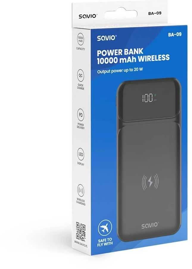 Savio BA-09 power bank Lithium Polymer (LiPo) 37 mAh Wireless charging Juodas