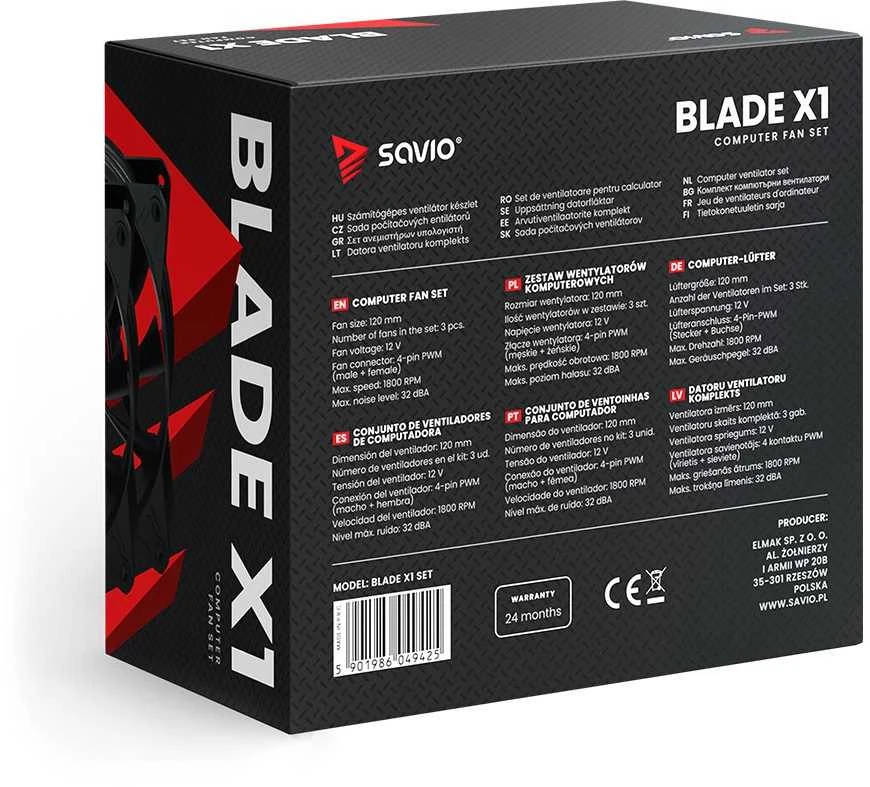 SAVIO BLADE X1 ventiliatorių pakuotė su specifikacijomis
