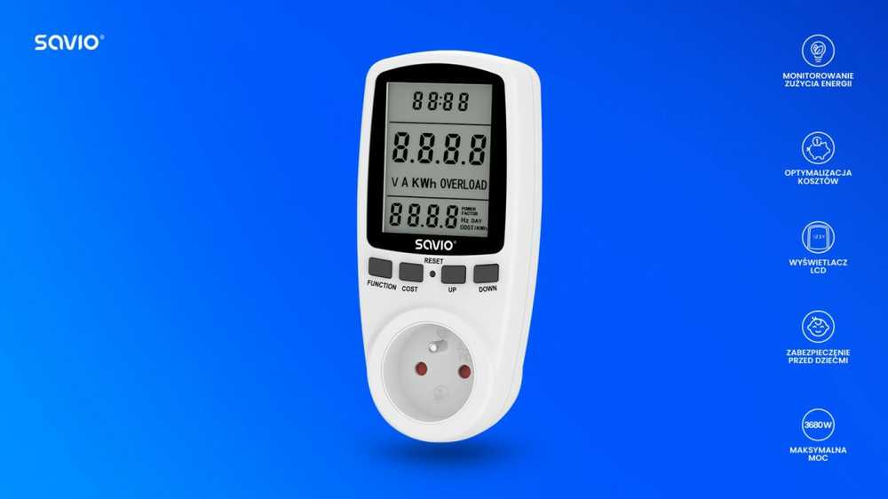 SAVIO AE-01 Vatmetras, energijos skaičiuotuvas su LCD ekranu