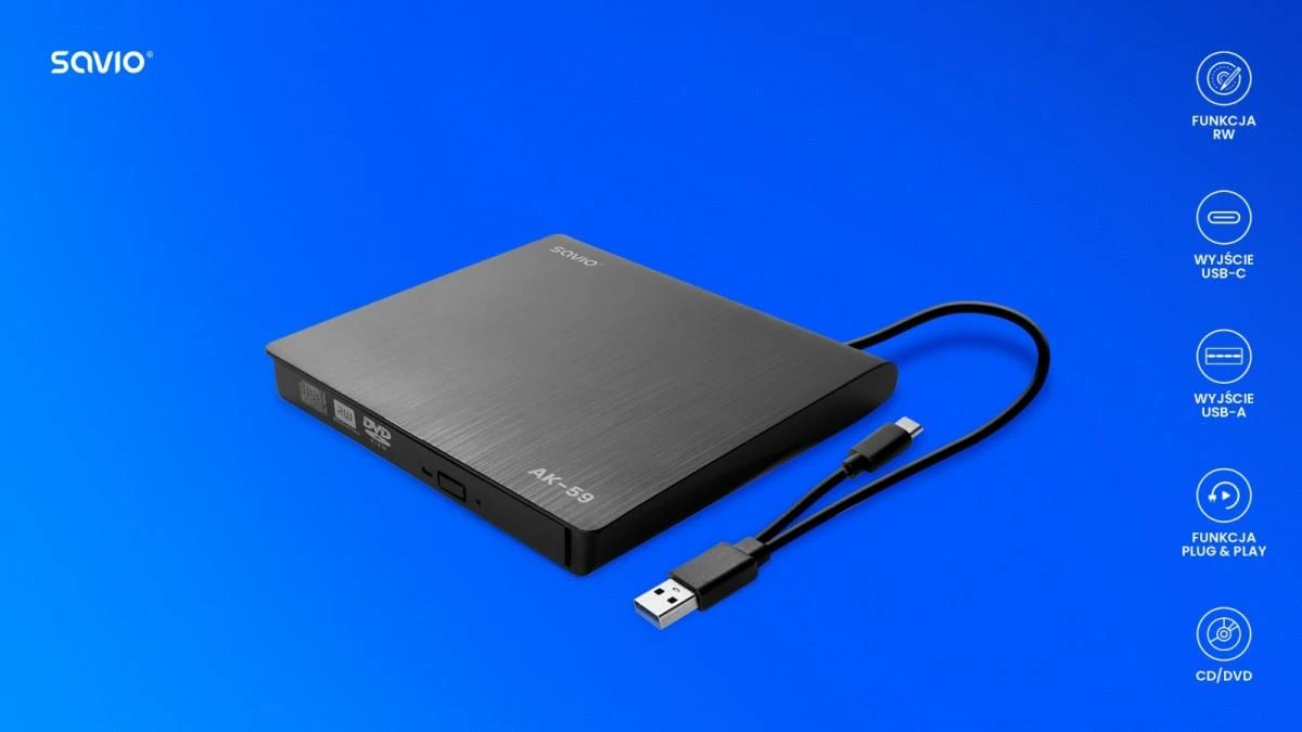 Išorinis CD/DVD Rašytuvas - Savio AK-59 Slim R/RW - USB-C/USB-A, Juodas