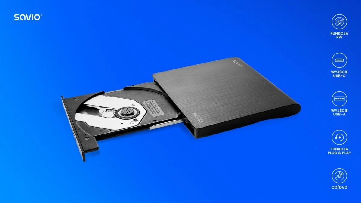 Išorinis CD/DVD Rašytuvas - Savio AK-59 Slim R/RW - USB-C/USB-A, Juodas