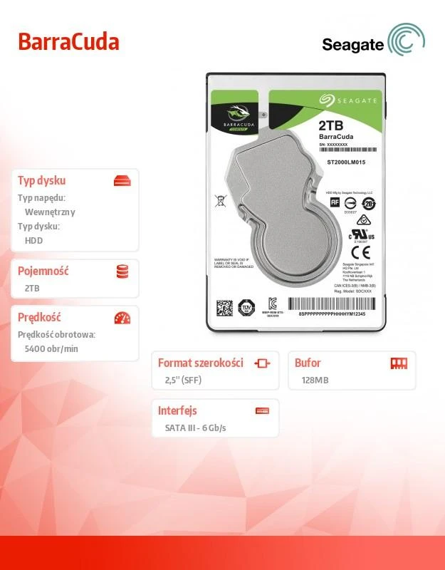 SEAGATE Barracuda 2TB HDD SATA 6Gb/s 5400rpm 2,5" 7mm aukštis 128Mb talpykla BLK
