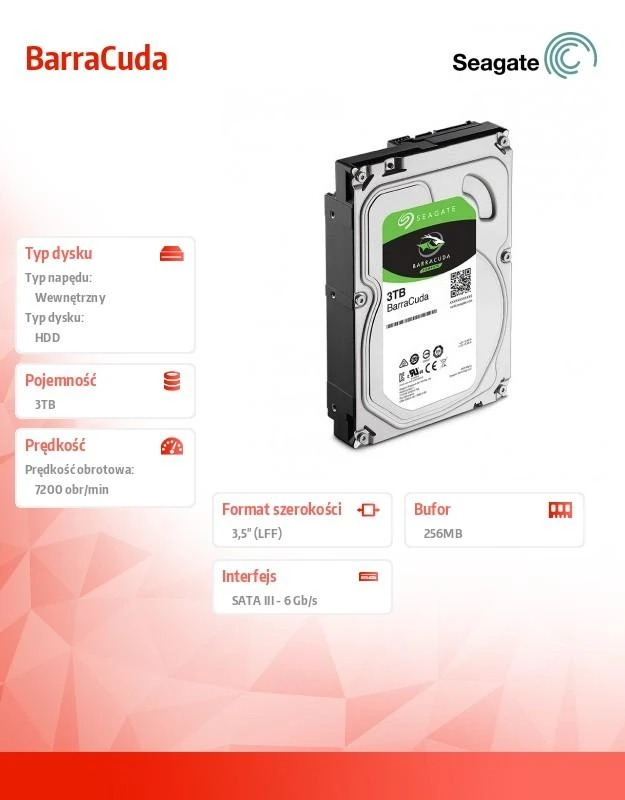 Vidinis HDD Seagate BarraCuda 3.5'' 3TB SATA3 5400RPM 256MB