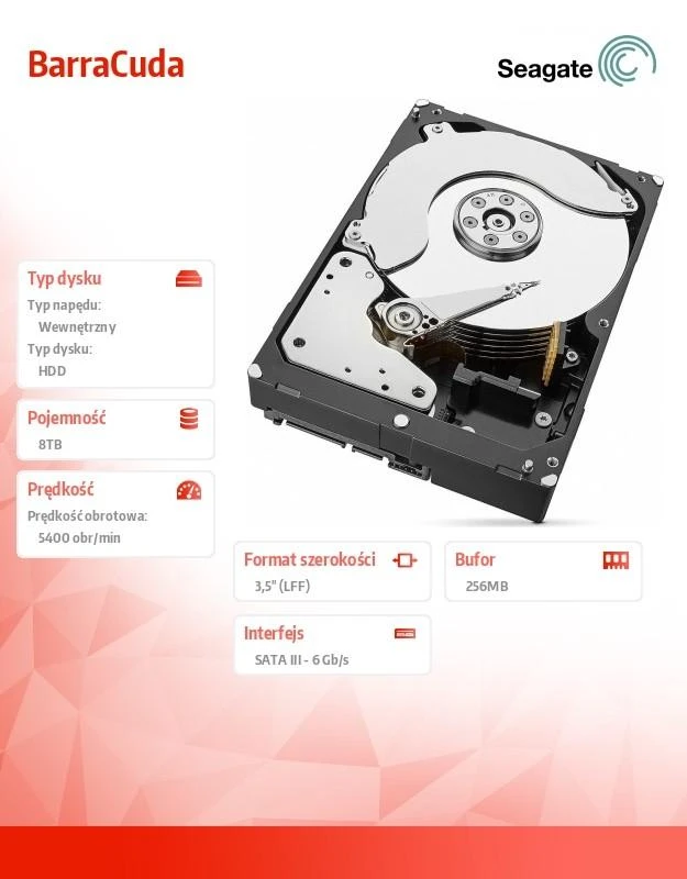 Vidinis kietasis diskas „Seagate BarraCuda“ 3,5 colio 8 TB SATA3 5400 RPM 256 MB