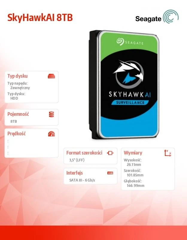 „SEAGATE“ stebėjimo dirbtinio intelekto „Skyhawk“ 8 TB kietasis diskas SATA 6 Gb/s 256 MB talpykla 8,9 cm 3,5 colio