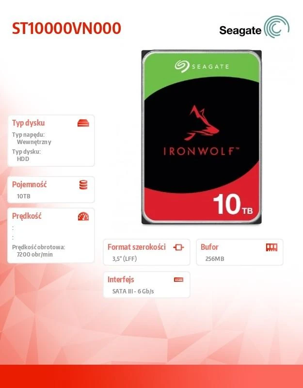 „SEAGATE Ironwolf NAS HDD 10TB 7200rpm 6Gb/s SATA 256MB cache 89cm 3.5inch 24x7 CMR“ skirtas NAS ir RAID Rackmount sistemoms, juodos spalvos