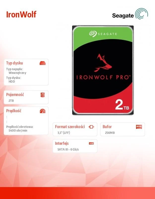 SEAGATE NAS HDD 2TB IronWolf 5400rpm 6Gb/s SATA 256MB talpykla 3,5 colio