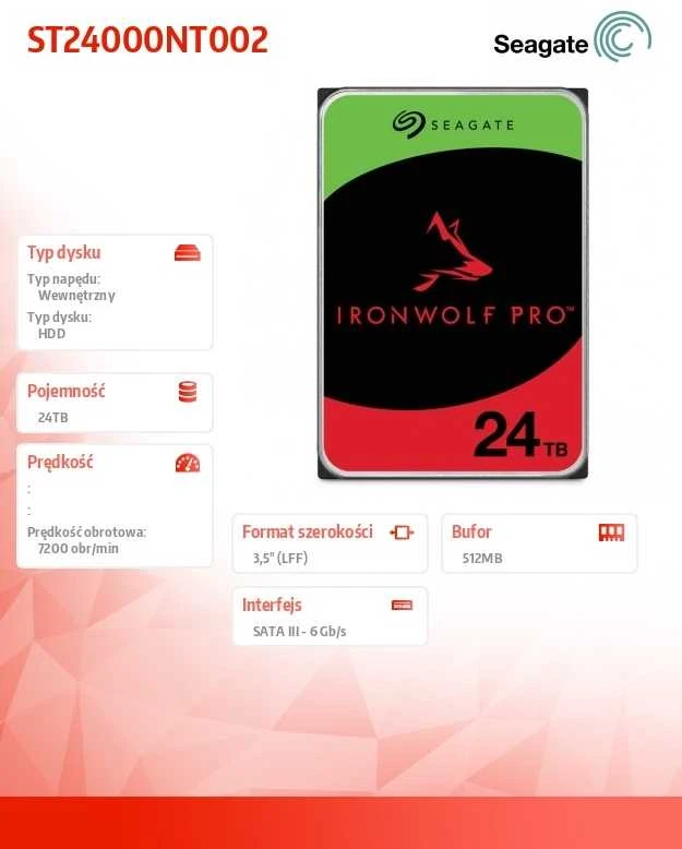 Seagate IronWolf Pro ST24000NT002 vidinis kietasis diskas 24 TB 7200 RPM 512 MB 3,5" Serial ATA III