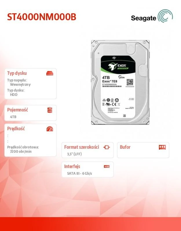 „SEAGATE HDD Server Exos 7E10 512N“ (3,5 colio / 4 TB / SATA 6 Gb/s / 7200 aps./min.)