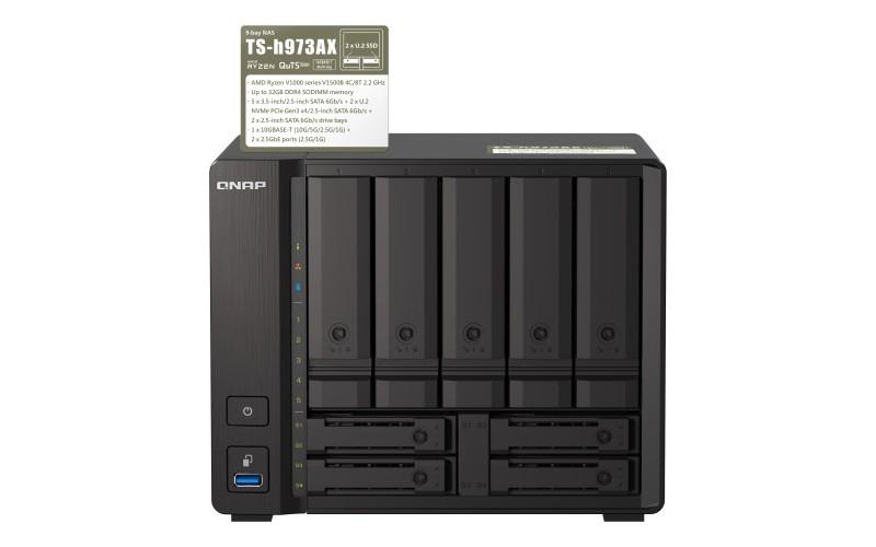 Serveris QNAP | 9 lizdų „QuTS hero NAS“ | TS-H973AX-8G | Iki 9 HDD/SSD su karšto keitimo funkcija | AMD Ryzen | Ryzen V1500B keturių branduolių | Procesoriaus dažnis 2,2 GHz | 8 GB | DDR4