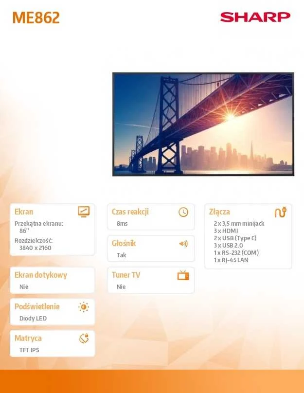 Monitorius Sharp ME862 86IN UHD LFD 18/7 – 450CD/QM SOC W/ ANDROID 13 25 HA