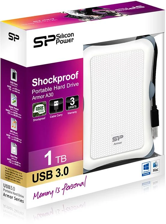Kietasis diskas Silicon Power Armor A30 1TB | 1000 GB | 2,5" | USB 3.1 | Baltas