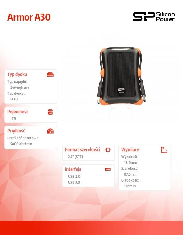 Išorinis kietasis diskas Silicon Power Armor A30 1TB 2.5 ", USB 3.1, Juodas