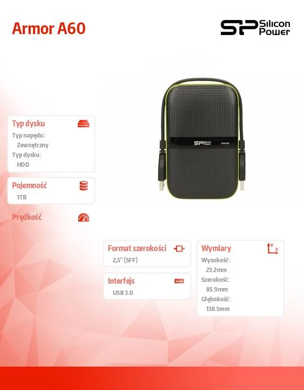 Kietasis diskas Silicon Power Armor A60 1TB 2.5 ", USB 3.1, Juodas/Žalias