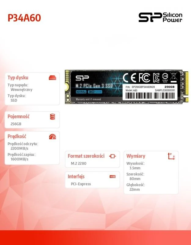 Silicon Power SSD P34A60 256 GB, M.2 PCIe Gen3 x4 NVMe, 2200/1600 MB/s