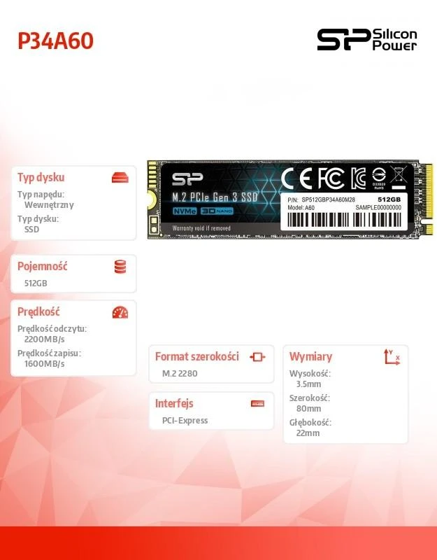 Silicon Power SSD P34A60 512GB, M.2 PCIe Gen3 x4 NVMe, 2200/1600 MB/s
