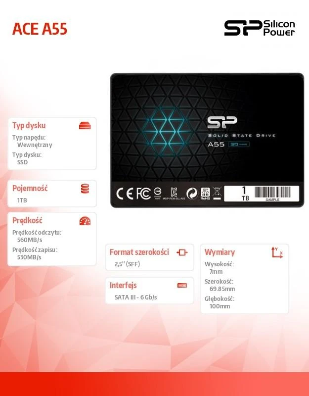 Silicon Power A55 1000 GB, SSD sąsaja SATA, Rašymo greitis 530 MB/s, Skaitymo greitis 560 MB/s