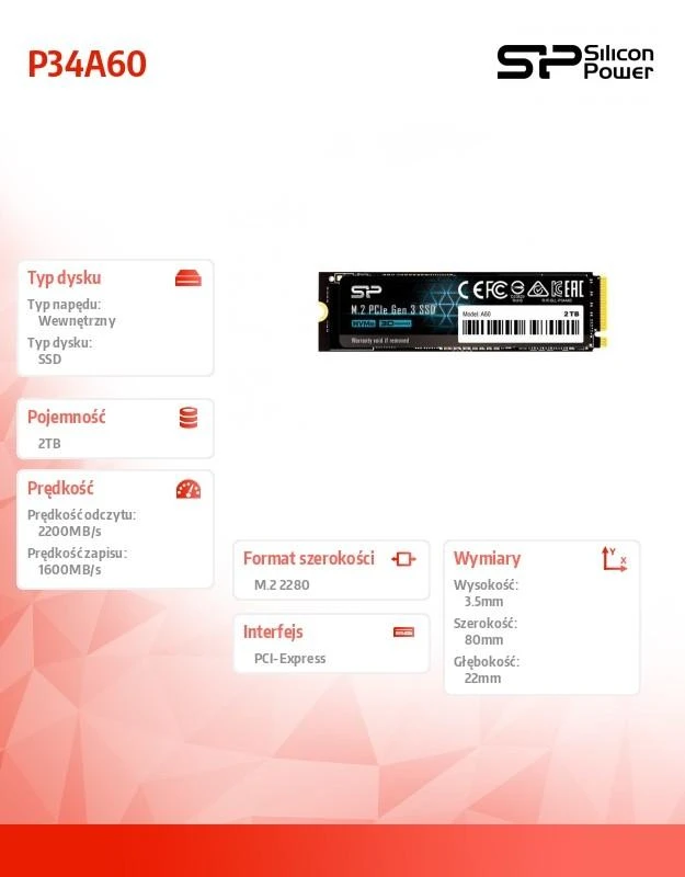 SILICON POWER KOMPIUTERIAI IR RYŠIAI SILICON POWER SSD Ace A60 2TB M.2 PCIe Gen3 x4 NVMe 2200/1600 Mb/s