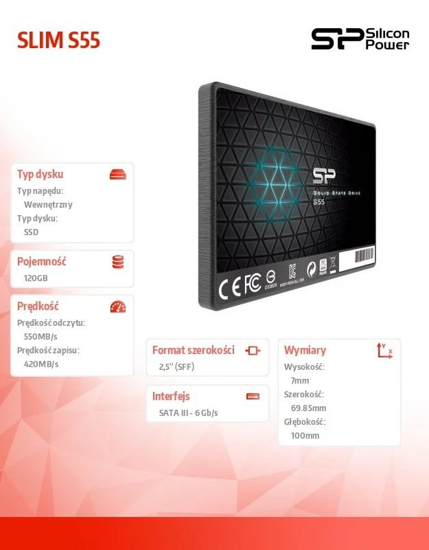 Silicon Power | Slim S55 | 120 GB | Solid-state drive sąsaja SATA | Skaitymo greitis 550 MB/s | Rašymo greitis 420 MB/s