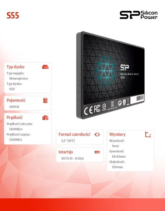 Silicon Power Slim S55 480 GB, SSD form factor 2.5", SSD sąsaja SATA, Rašymo greitis 440 MB/s, Skaitymo greitis 550 MB/s