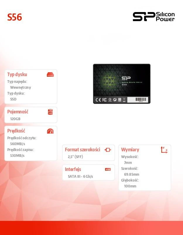 Silicon Power | S56 | 120 GB | SSD form factor 2.5" | Solid-state drive sąsaja SATA | Skaitymo greitis 460 MB/s | Rašymo greitis 360 MB/s