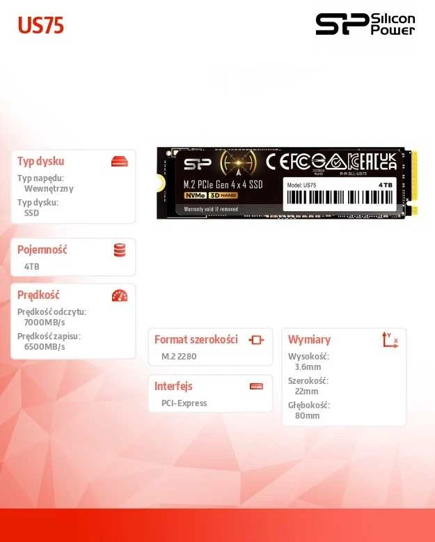SILICON POWER COMPUTER & COMMUNICAT SILICON POWER SSD US75 4TB M.2 PCIe NVMe Gen4x4 NVMe 1.4 7000/6500MB/s