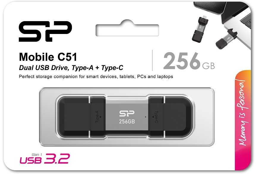 Silicon Power dvigubas USB diskas | „Mobile C51“ | 256 GB | USB C / A tipo | Sidabrinis
