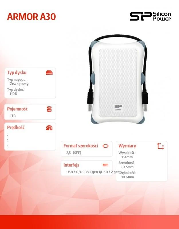 Kietasis diskas Silicon Power Armor A30 1TB | 1000 GB | 2,5" | USB 3.1 | Baltas