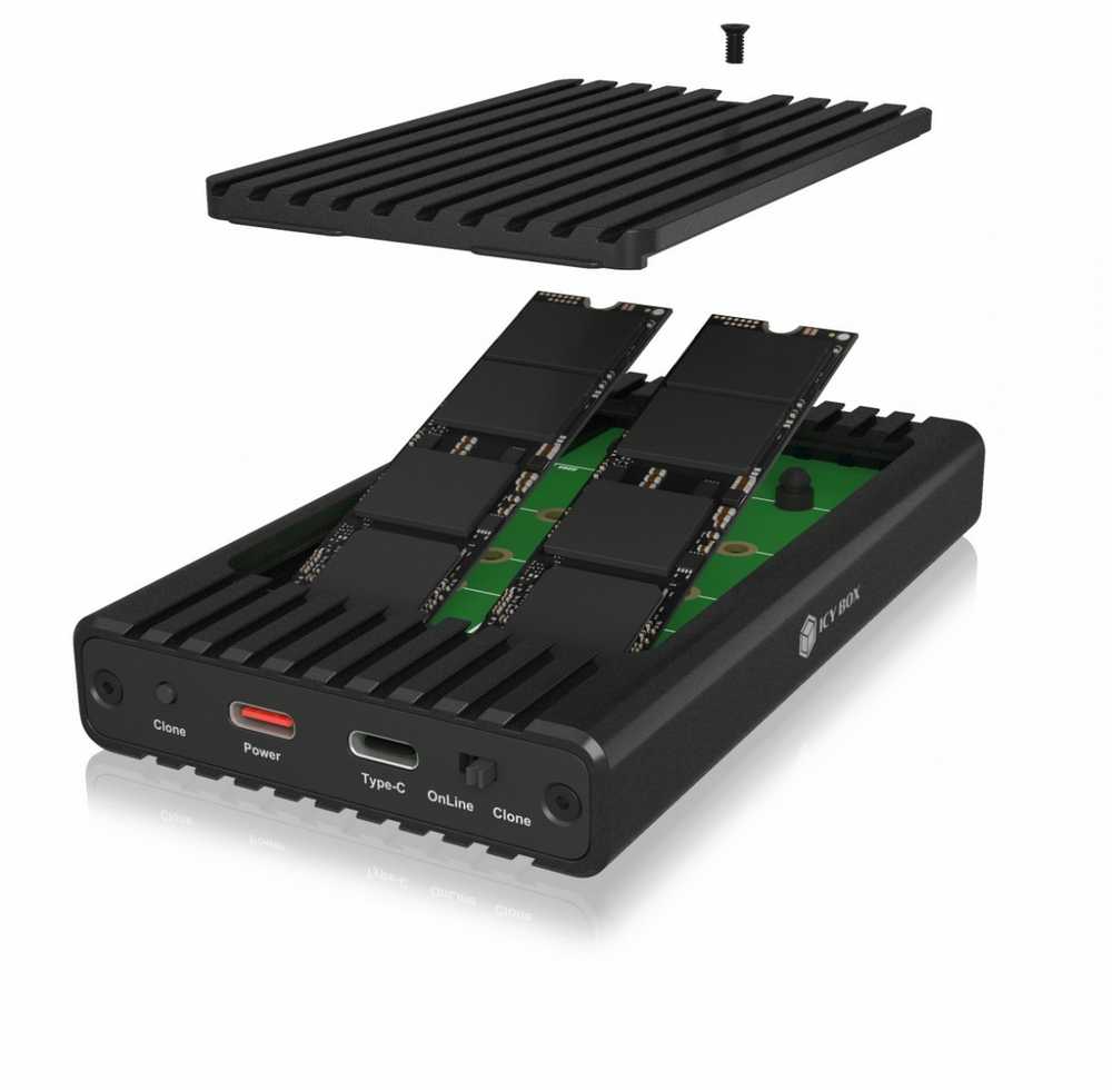 ICY BOX IB-2817MCL-C31 Externes USB-C 3.2 Gehuse fr 2x M.2 NVMe SSD mit Klonfunktion