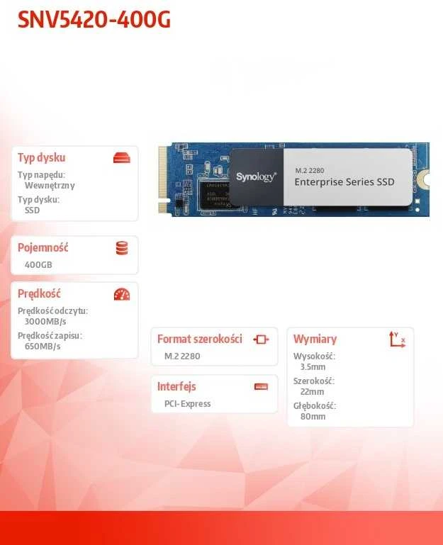 „SYNOLOGY SNV5420-400G“ 400 GB M.2 2280 SSD diskas, 3000 MB/s skaitymo, 650 MB/s įrašymo greitis