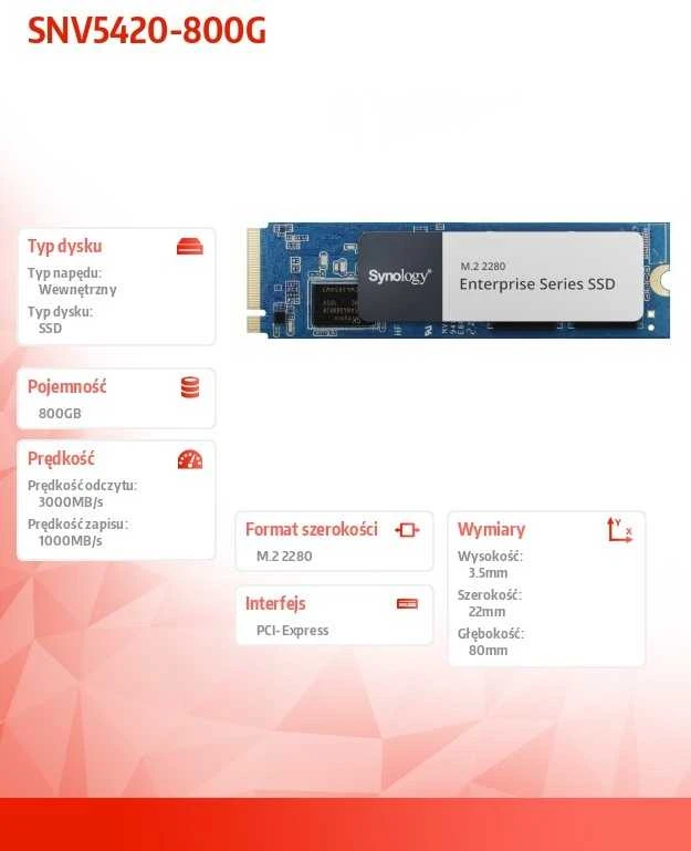 Synology „Sy+D247:I248lus“ serijos 800 GB NVMe PCIe 3.0 x4 SSD, M.2 2280, SNV5420-800G