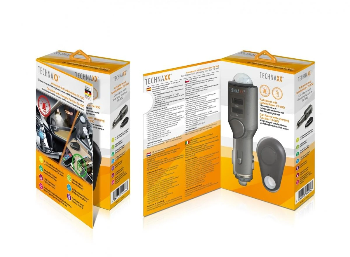 Universali signalizacija, automobilinis USB įkroviklis Technaxx Universal Mobile & Auto Alarm TX-100
