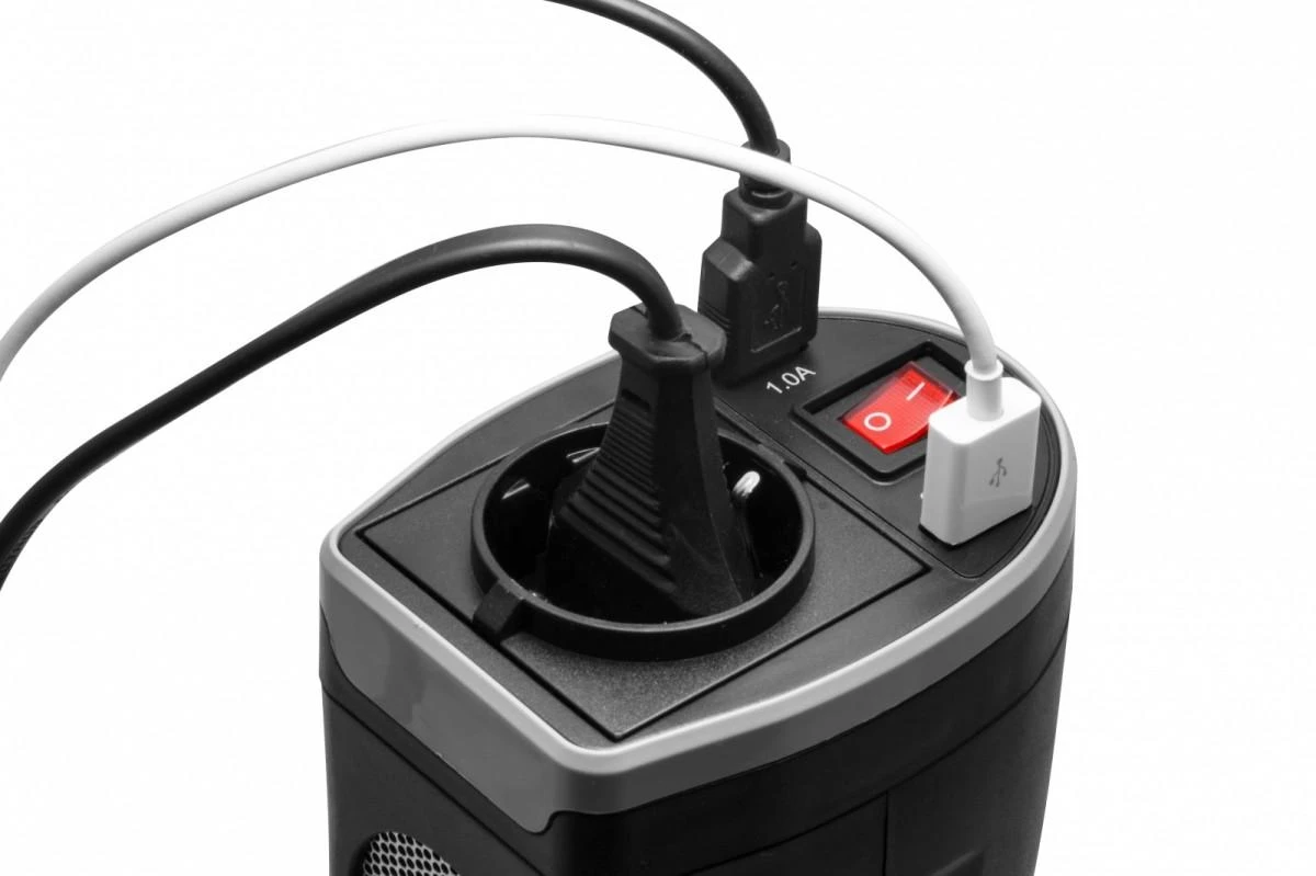 Technaxx TE13 automobilio maitinimo keitiklis, 2 USB prievadai ir 1 CEE 7/4 išvestis, DC 12V, AC 230V 50hz, Juodas / TE13