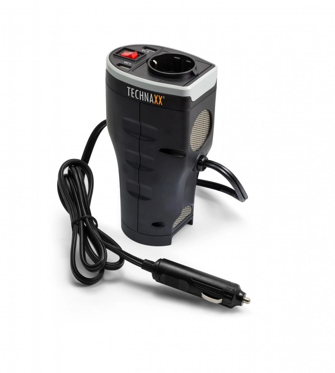 Technaxx TE13 automobilio maitinimo keitiklis, 2 USB prievadai ir 1 CEE 7/4 išvestis, DC 12V, AC 230V 50hz, Juodas / TE13