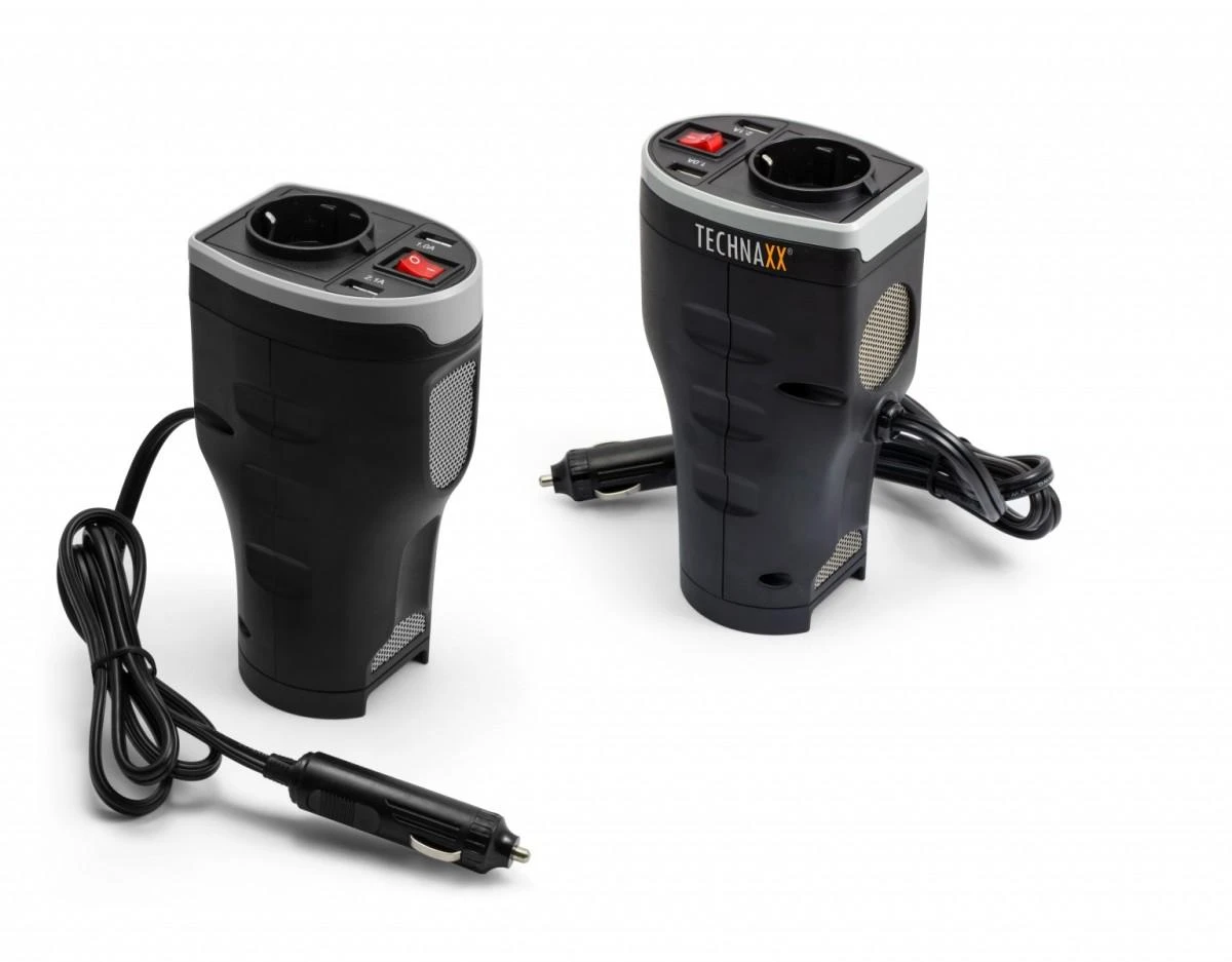 Technaxx TE13 automobilio maitinimo keitiklis, 2 USB prievadai ir 1 CEE 7/4 išvestis, DC 12V, AC 230V 50hz, Juodas / TE13