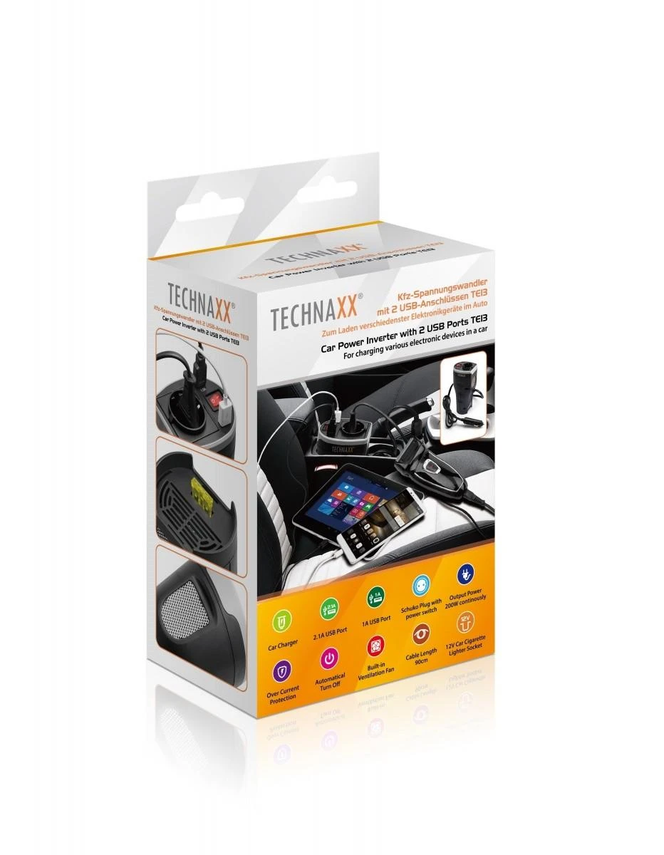 Technaxx TE13 automobilio maitinimo keitiklis, 2 USB prievadai ir 1 CEE 7/4 išvestis, DC 12V, AC 230V 50hz, Juodas / TE13