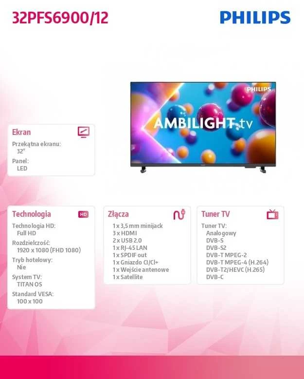 Televizorius Philips 32PFS6900/12 | 32" | Smart TV | TITAN OS | FHD | Juodas